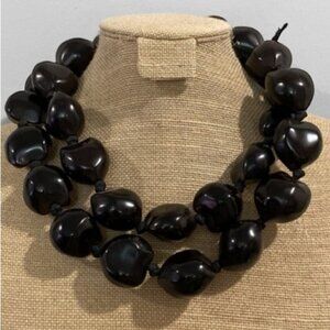 Dark brown large beads with ribbon tie necklace AB